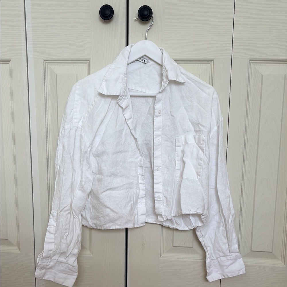 White linen Button-Up Cropped Shirt